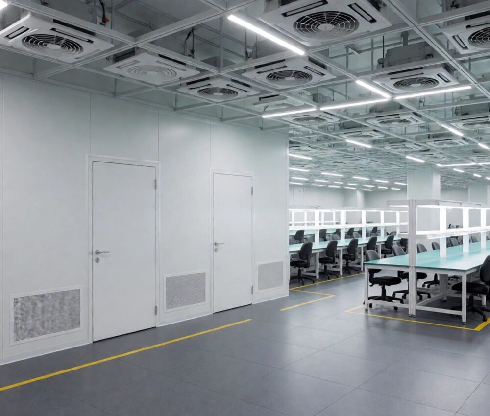 ISO 7 elektronik temiz oda montaj salonu, ESD çalışma tezgâhları ve FFU'lu tavan