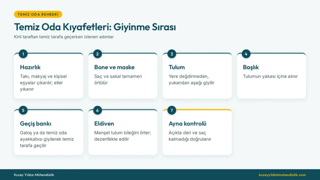 Temiz oda kıyafetleri giyinme sırası: bone, maske, tulum, galoş ve eldiven adımları